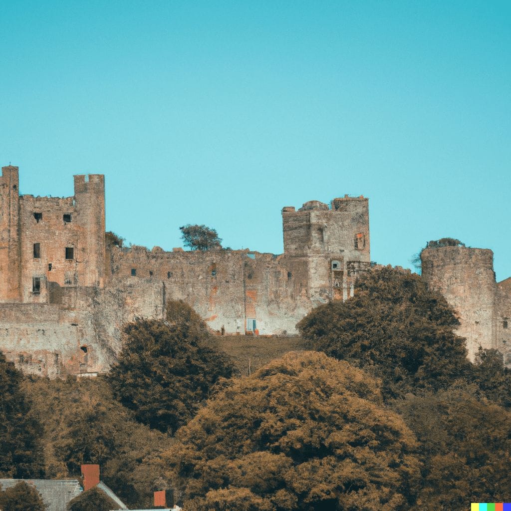 DALL·E 2022 09 06 18.38.55 A photograph of a medieval castle from afar clear sky perspective trending on artstation hyper detailed