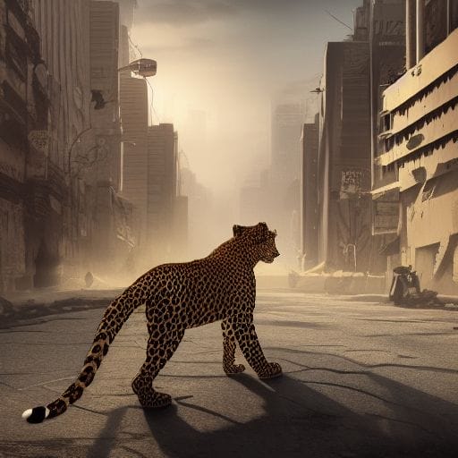 3048020180 A leopard walking through a deserted city anime artstation