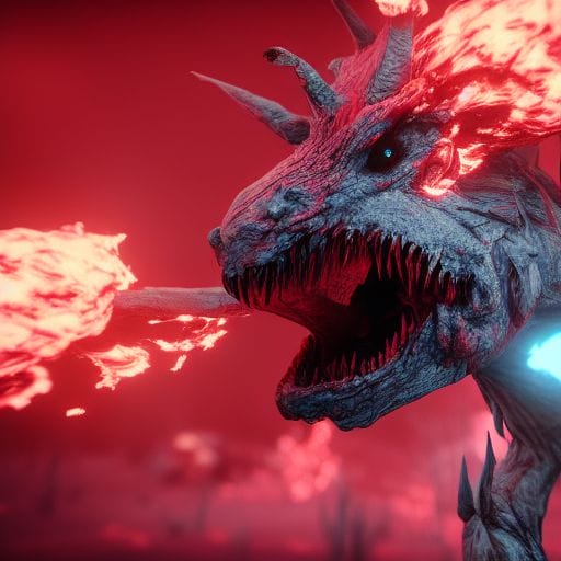 950870450 A nightmare creature facing forward staring red smoke particles cinematic unreal engine raytracing post processing