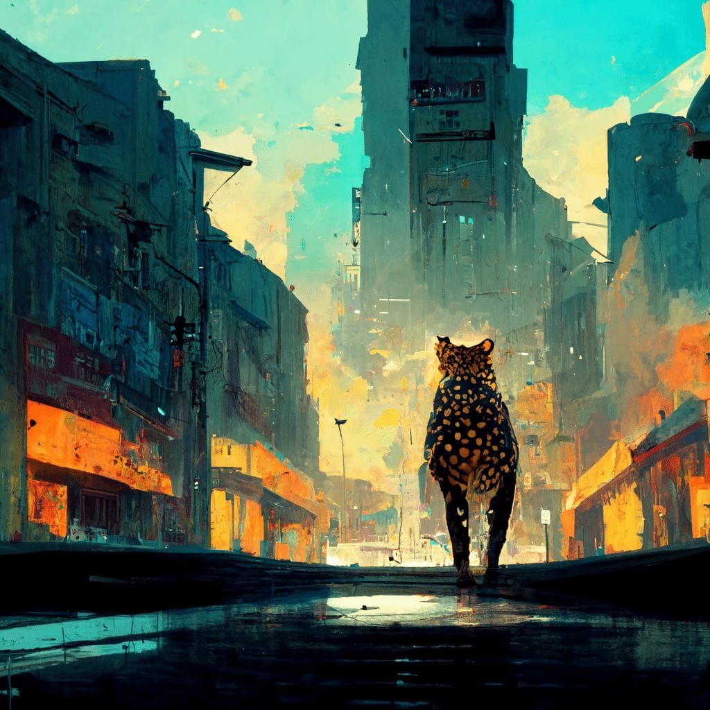 A leopard walking through a deserted city anime artsta bcb65a5b 7467 471c a0d3 319f06029944