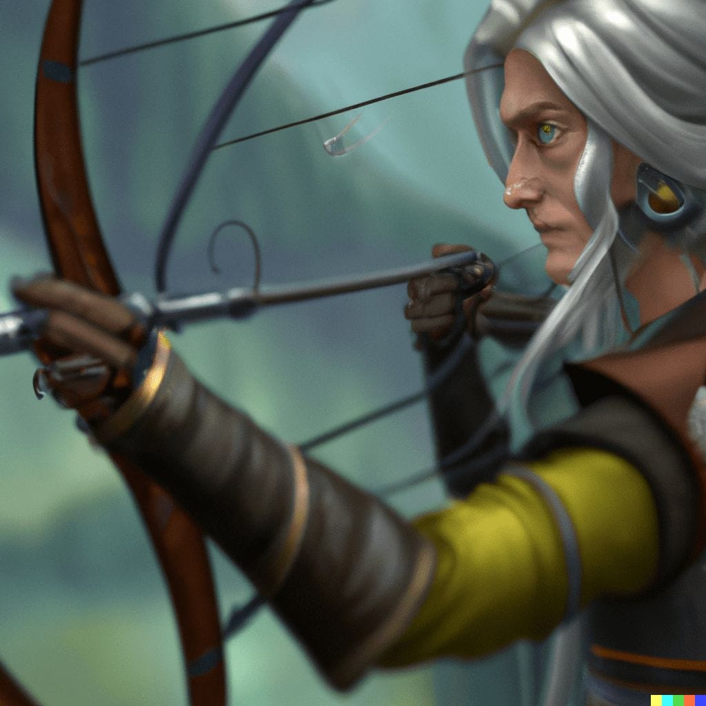 DALL·E 2022 09 06 18.08.11 An elf staring down at a battlefield long white hair steampunk bow and arrows artstation