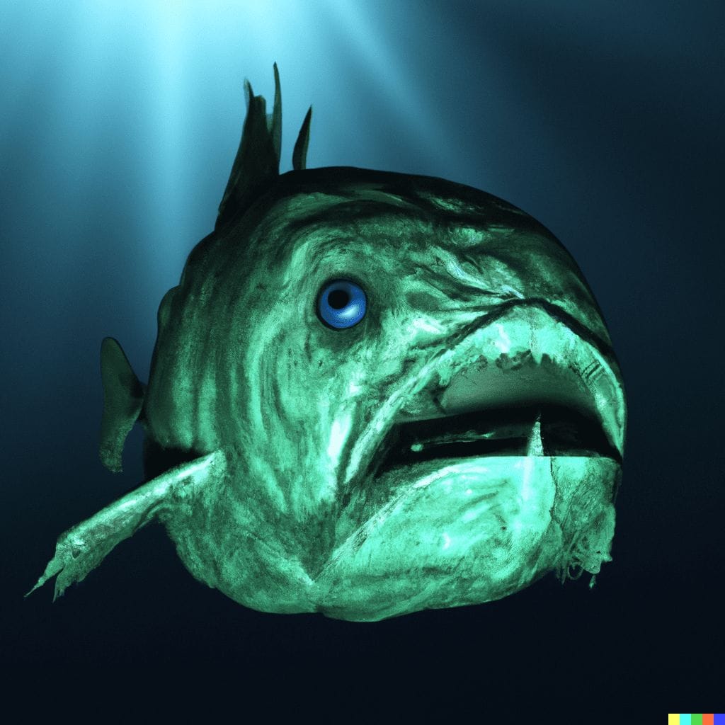 DALL·E 2022 09 06 18.15.31 3D render of a huge fish in a deep sea big eyes big teeth biopunk unreal
