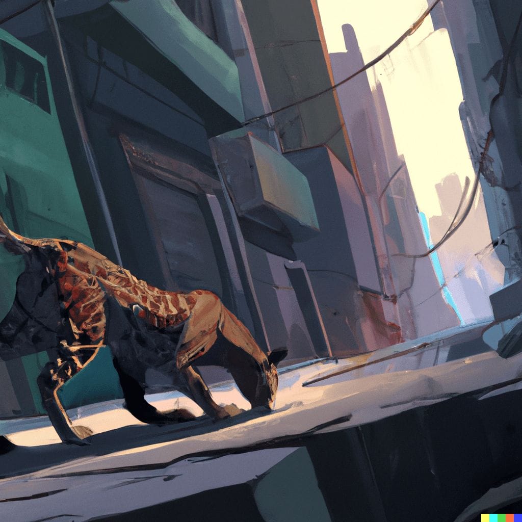 DALL·E 2022 09 06 18.27.04 A leopard walking through a deserted city anime artstation