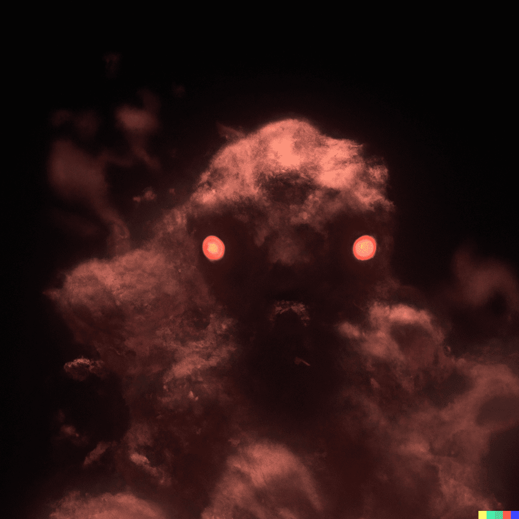 DALL·E 2022 09 06 18.44.42 A nightmare creature facing forward staring red smoke particles cinematic unreal engine raytracing post processing